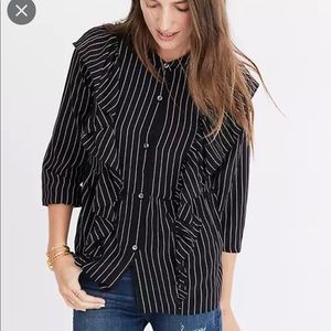 Madewell Ruffle Front Silk Pinstripe 3/4 Sleeve Top in Black and White